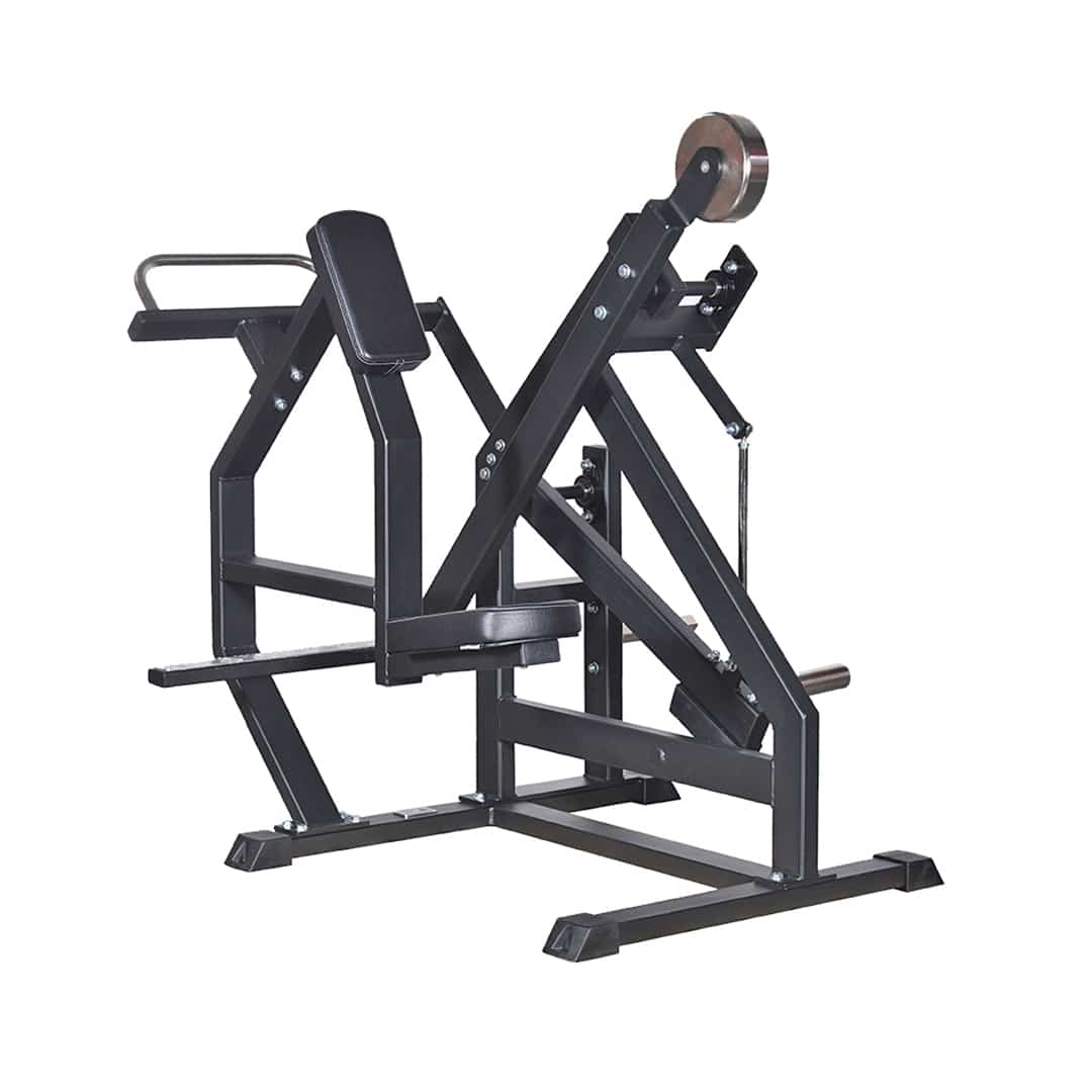 Black glute kickback machine with a seat and footrest, designed for leg workouts in a gym setting.