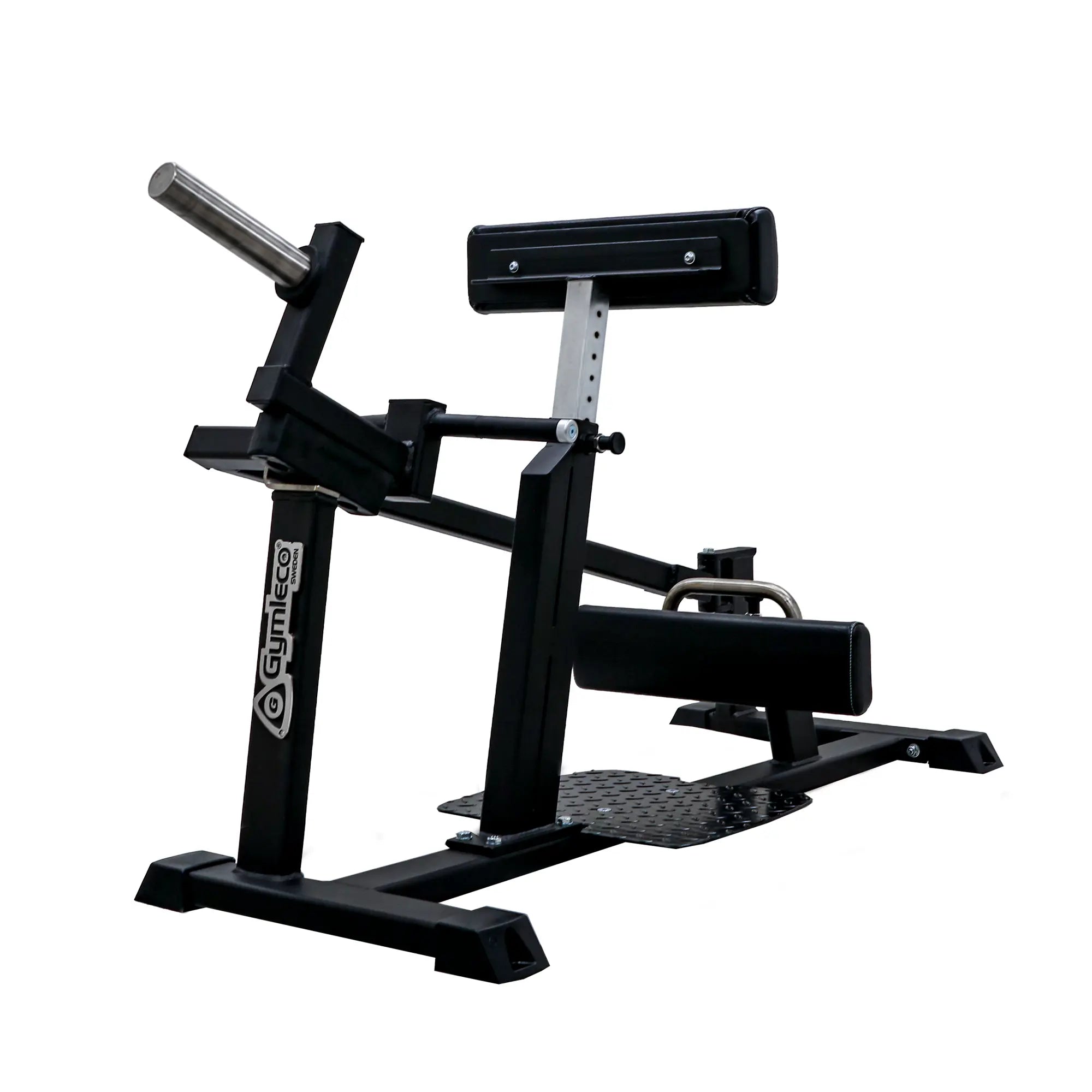 A black and silver hip and beg extension exercise machine from Gymleco, with a foot platform, adjustable backrest, and padded handles, shown on a plain white background.