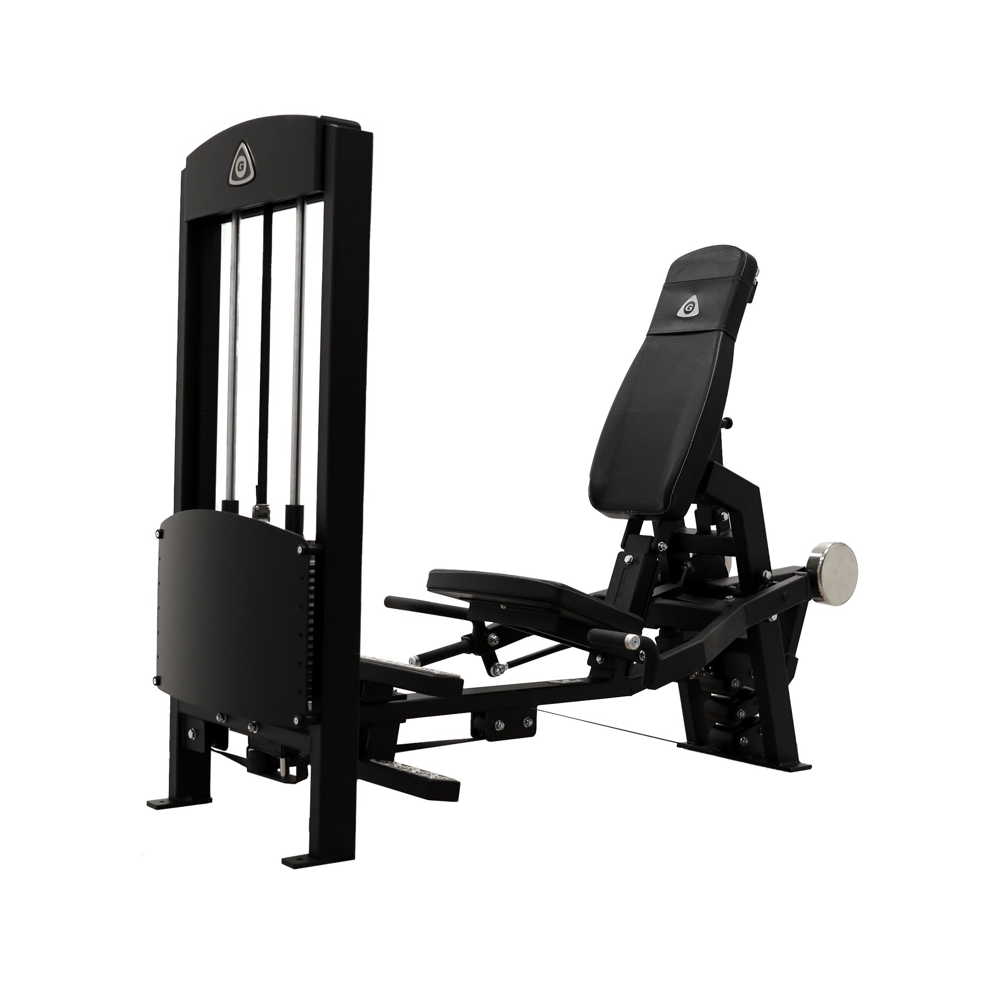 A black multi-functional gym machine from Gymleco that includes a seat for dips and shoulder pulls, and a decline shoulder press feature.
