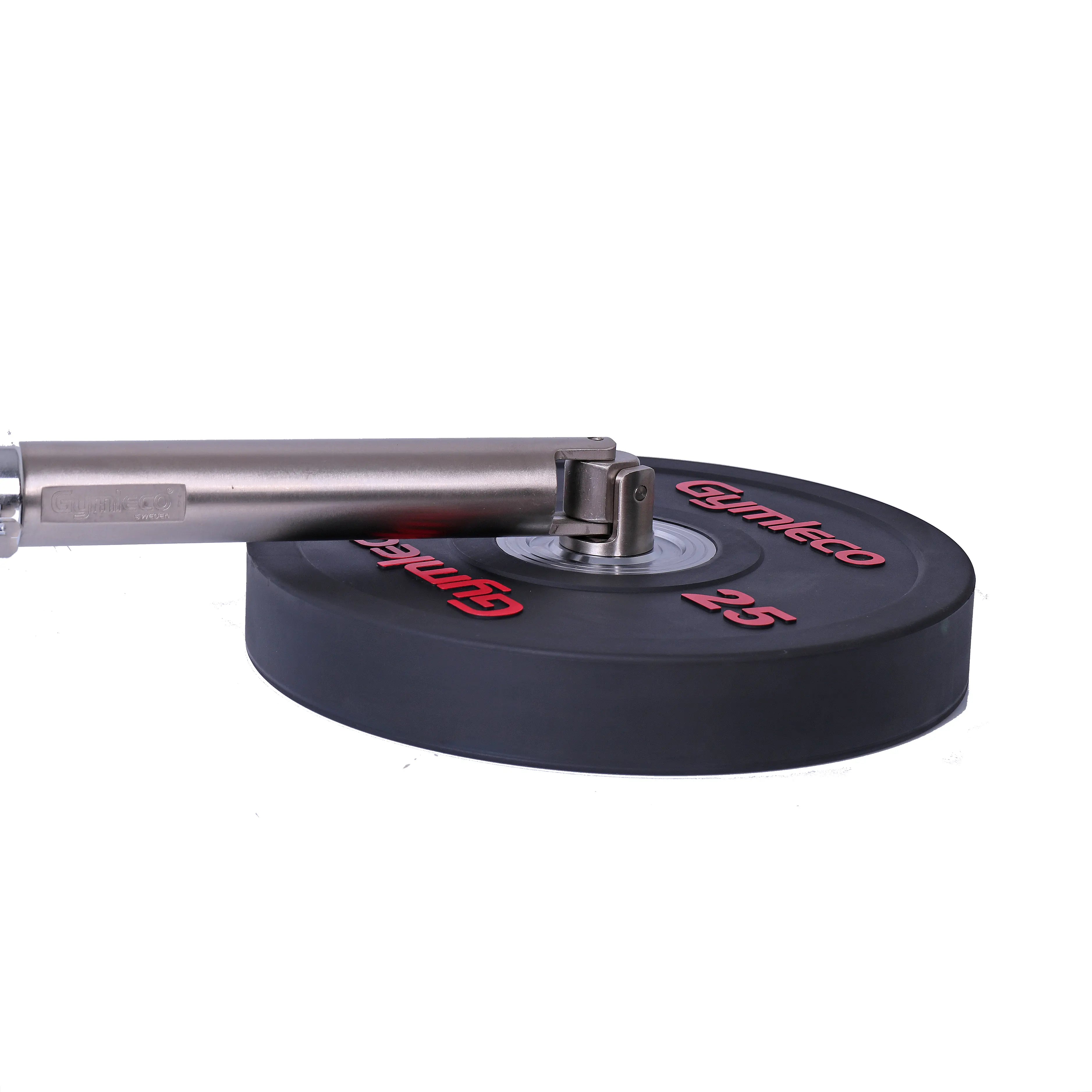 A black rubber gym weight plate with red 'Gymleco 25' text, attached to a silver metal bar, shown on a plain white background.