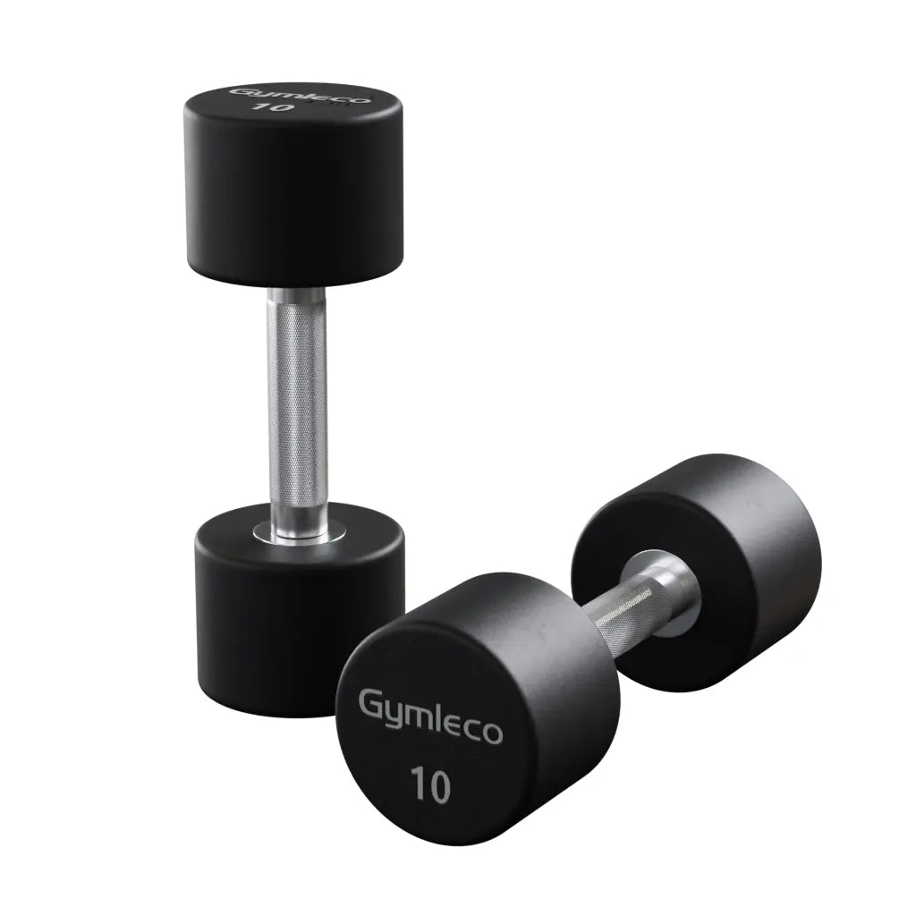 Pair of black dumbbells with 'Gymleco' branding on a white background