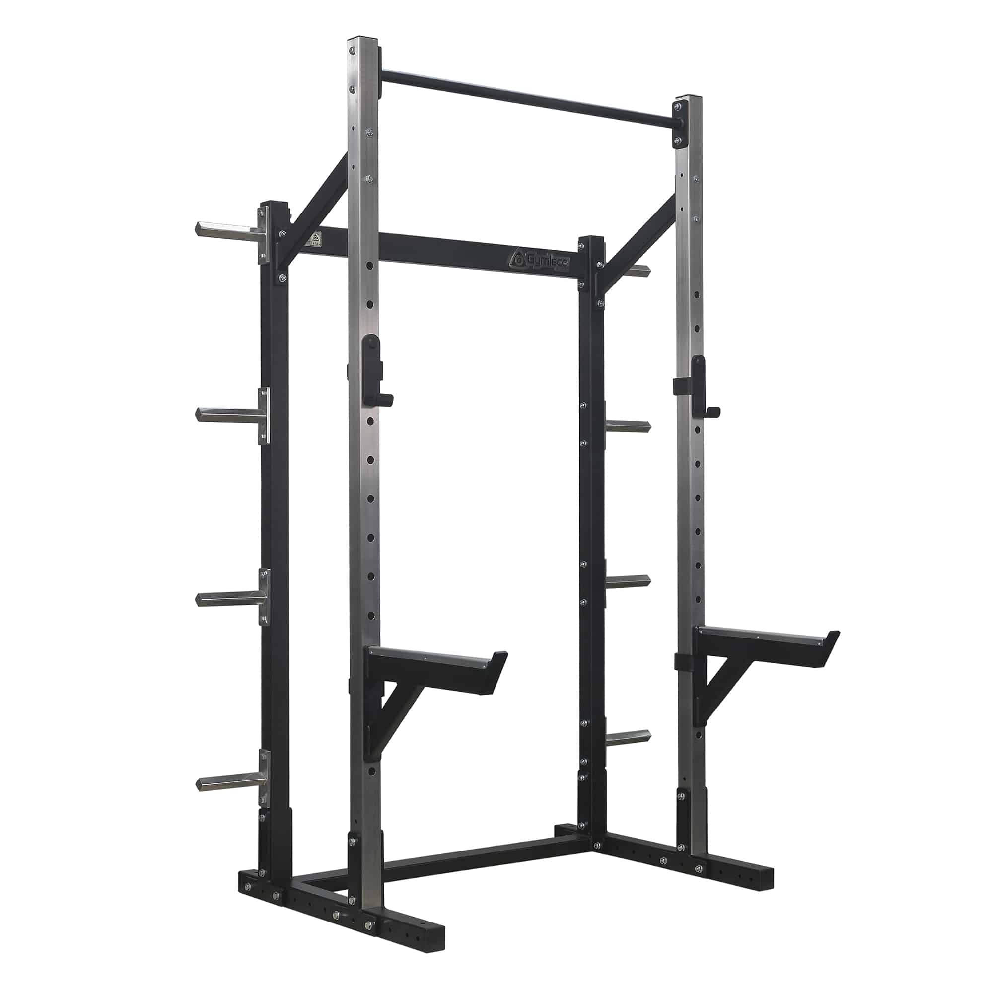 A black half rack machine with safety bars, weight hangers, barbell hangers, and a chin rack.