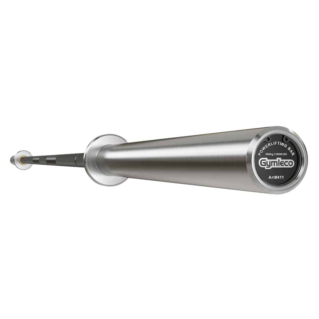 A black powerlifting barbell with a chrome coating and knurling, featuring the GYMLECO brand logo.