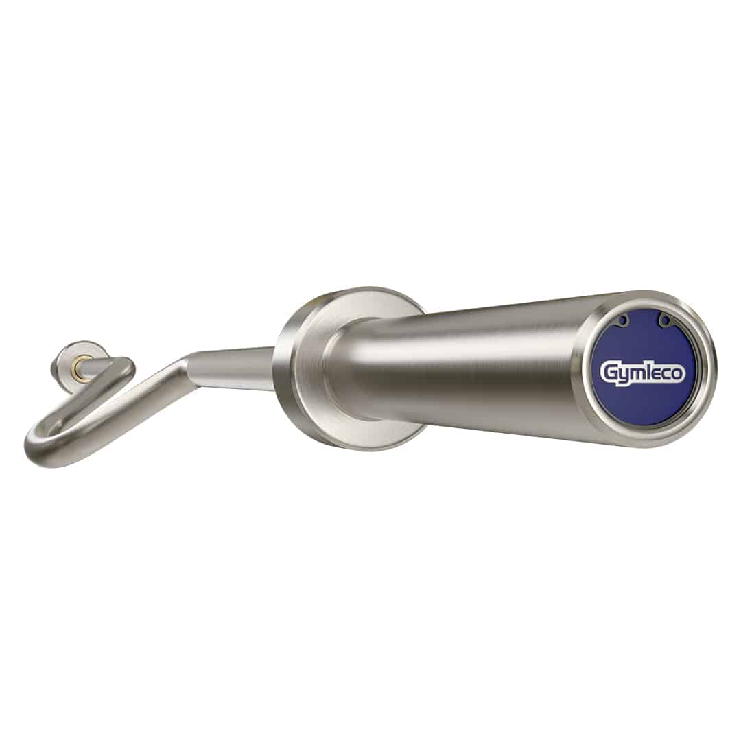 A silver curved barbell with a Gymleco brand tag on the handle.