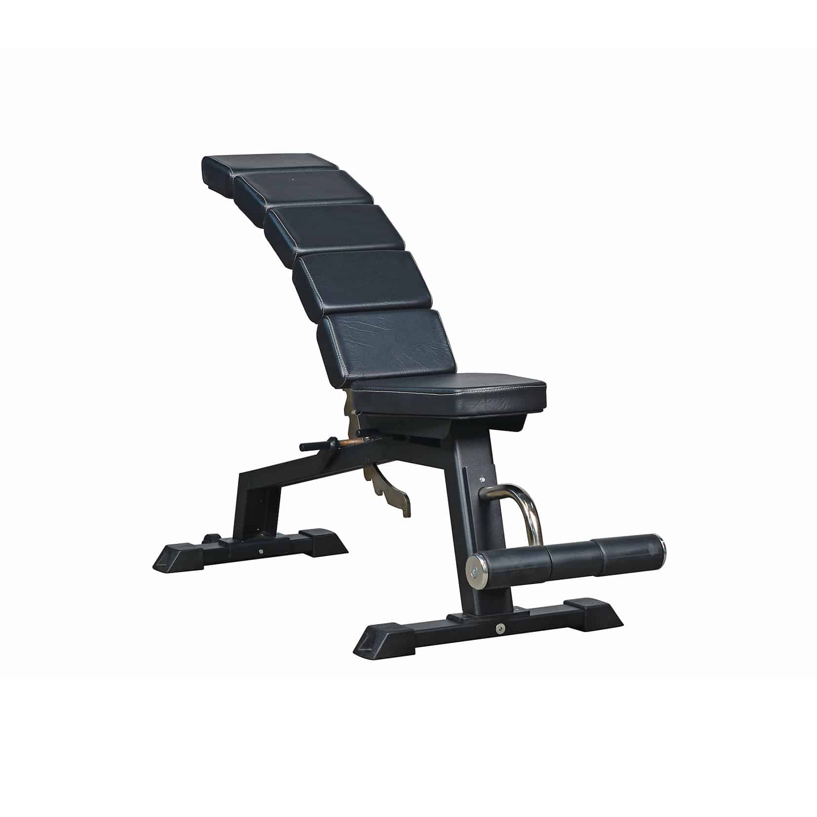 An adjustable gym bench with a curved backrest and a padded seat, primarily black in color.