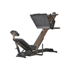 A black Gymleco leg press machine with a 45-degree angle, featuring a seat and a platform for leg elevation.