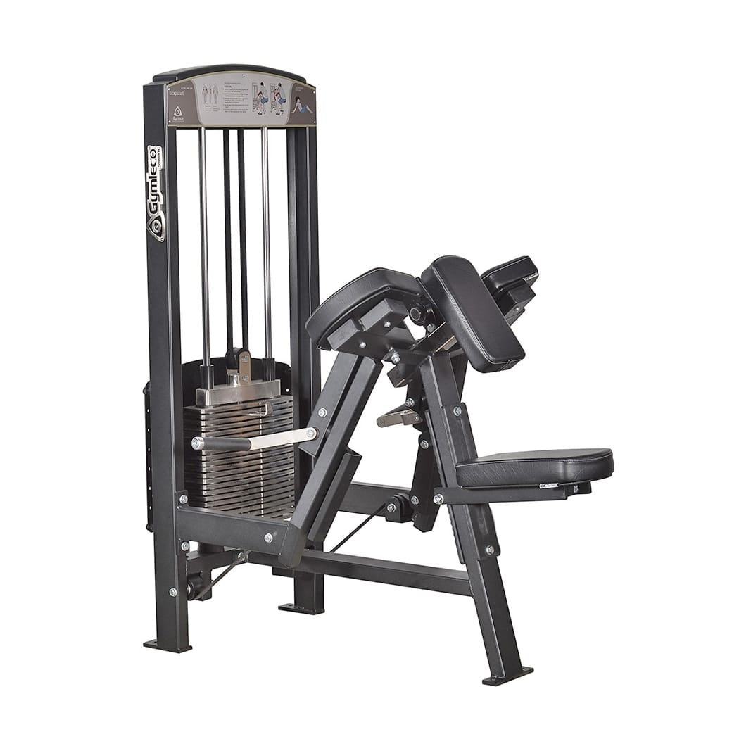 A black biceps curl machine with a seat and a weight barbell attached to a machine with a brand logo on the top.