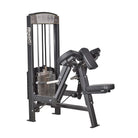 A black biceps curl machine with a seat and a weight barbell attached to a machine with a brand logo on the top.