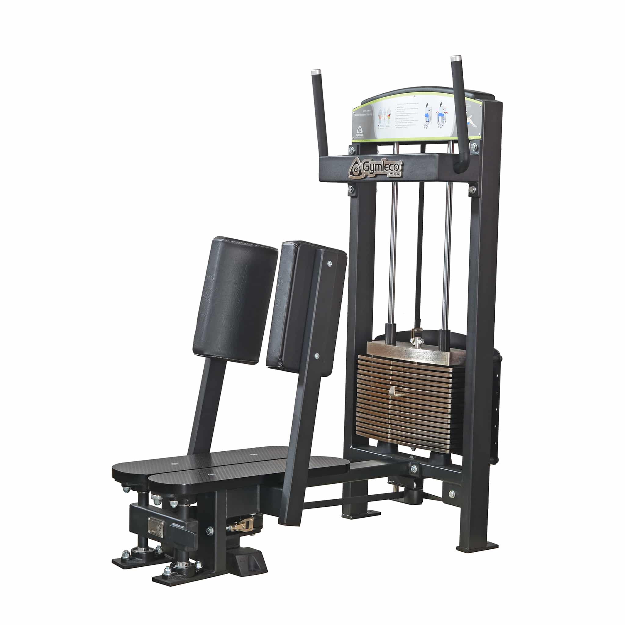A black Gymleco standing abductor gym machine with weight stack.