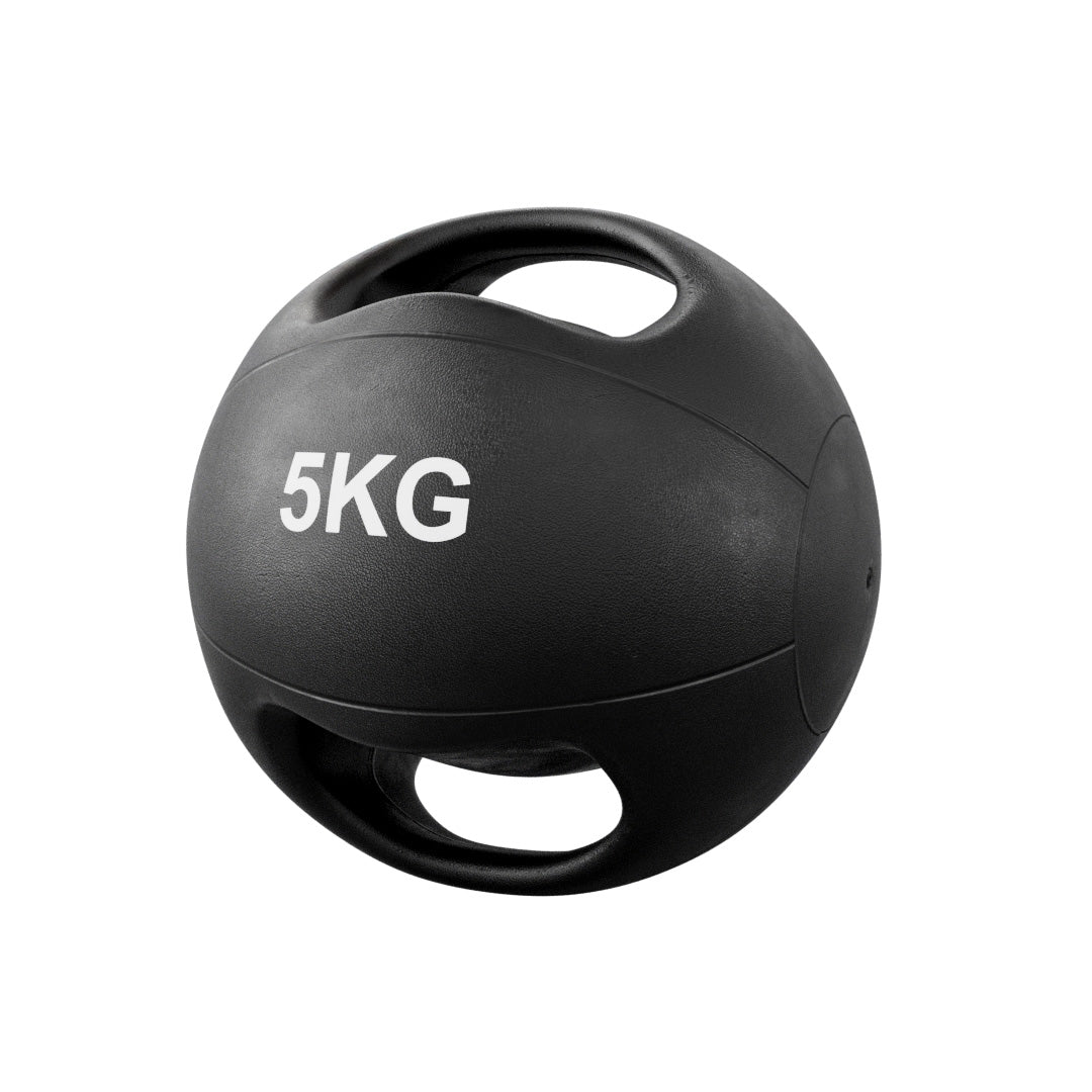 Black 5KG medicine ball on a white background