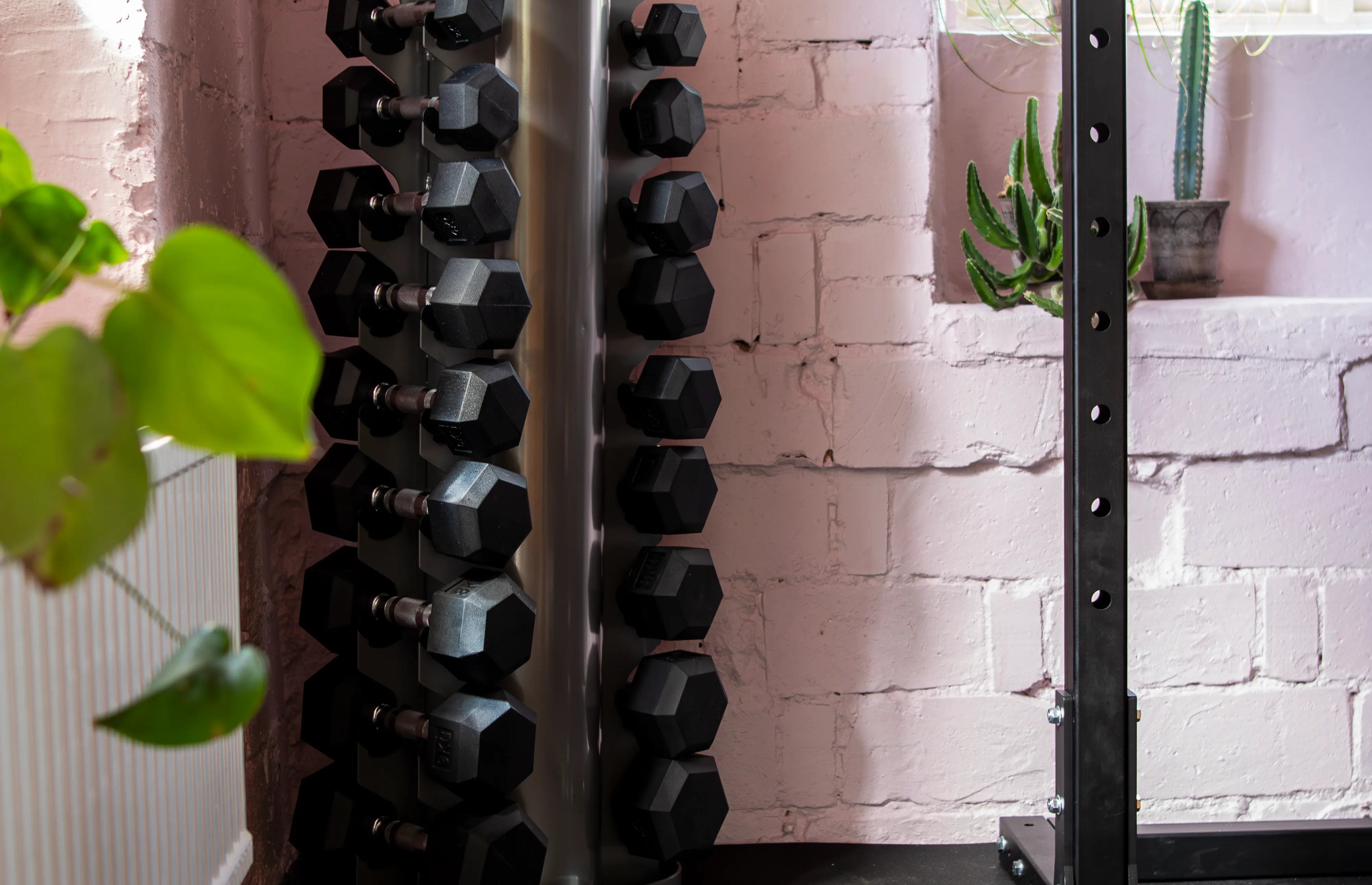Stack of black dumbbells on a metal stand in a gym setting with a pink brick wall.