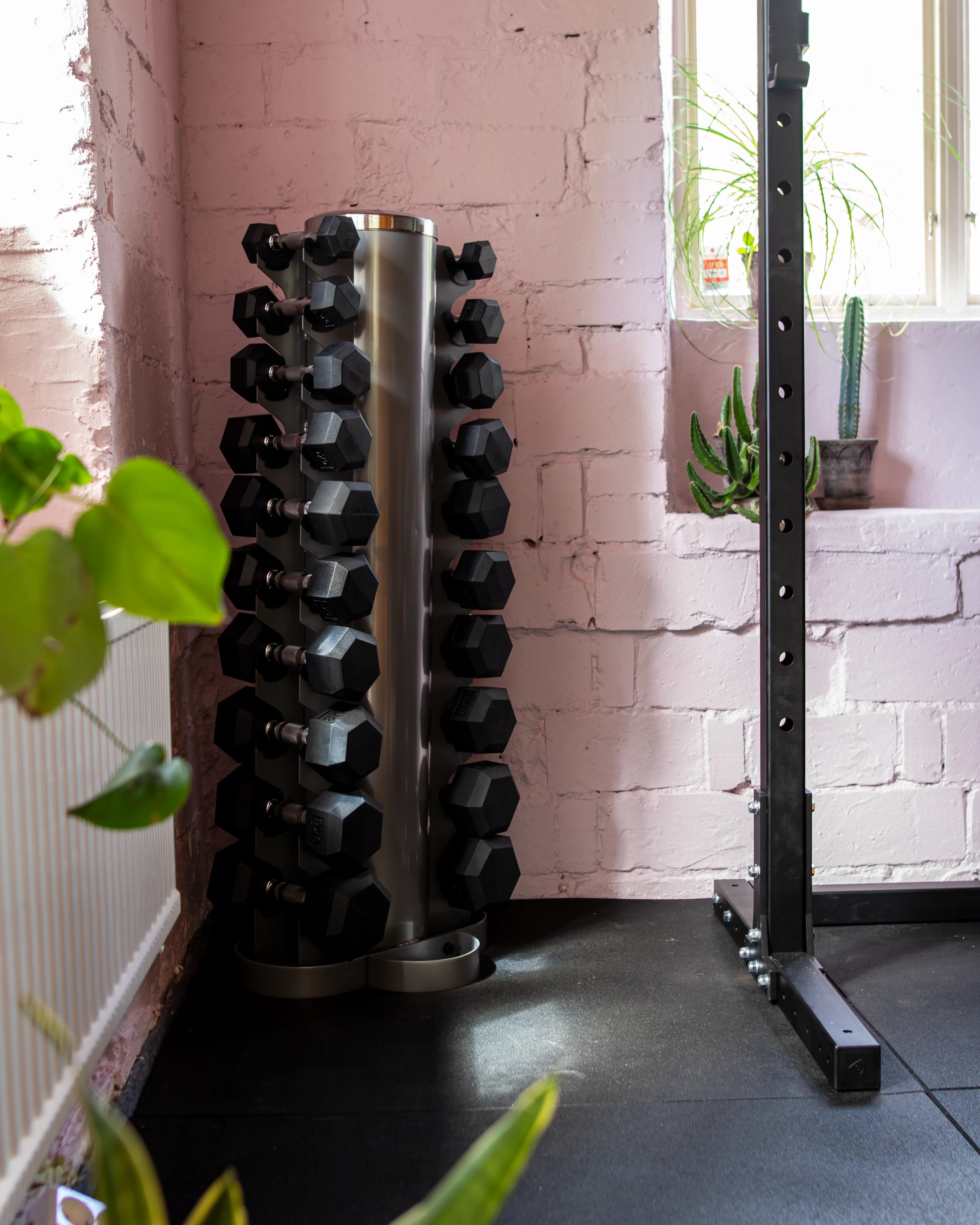 Stack of black dumbbells on a metal stand in a gym setting with a pink brick wall.