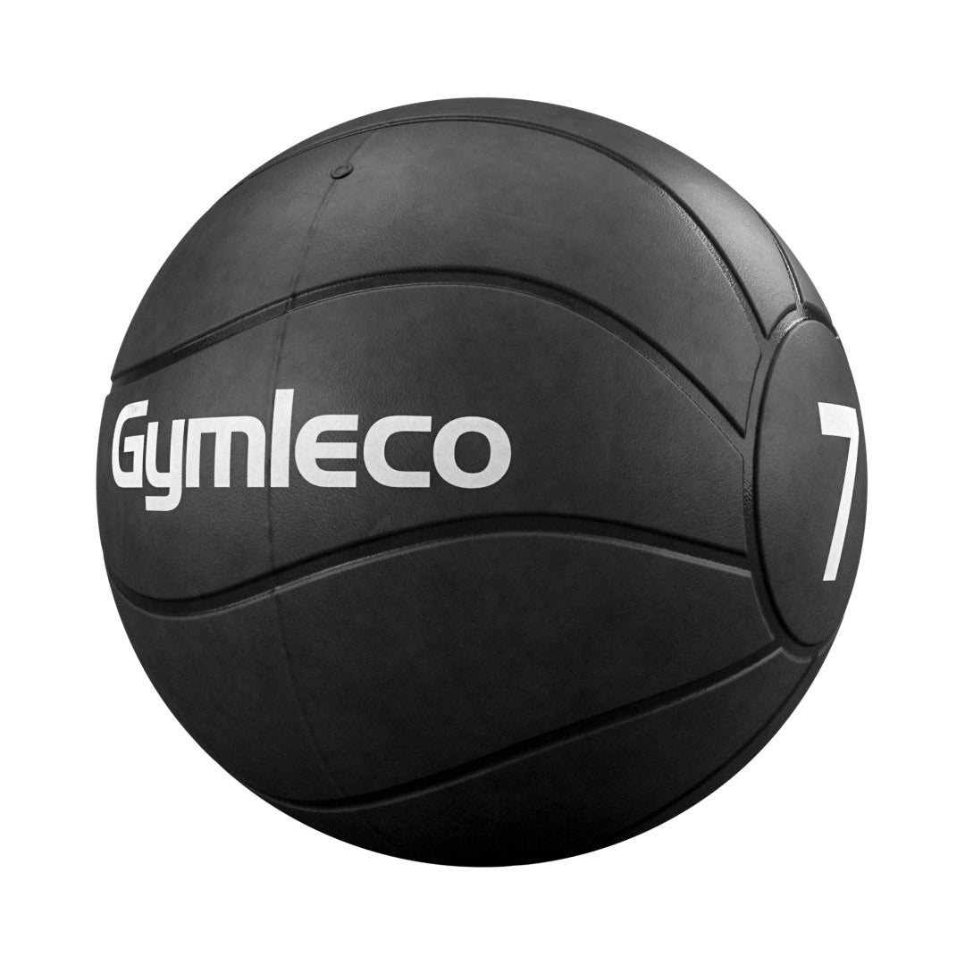 Black medicine ball with 'Gymleco' branding and number '7' on a white background