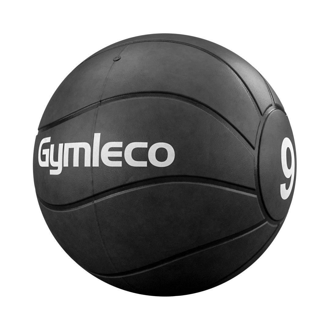 Black medicine ball with 'Gymleco' branding and number '9' on a white background