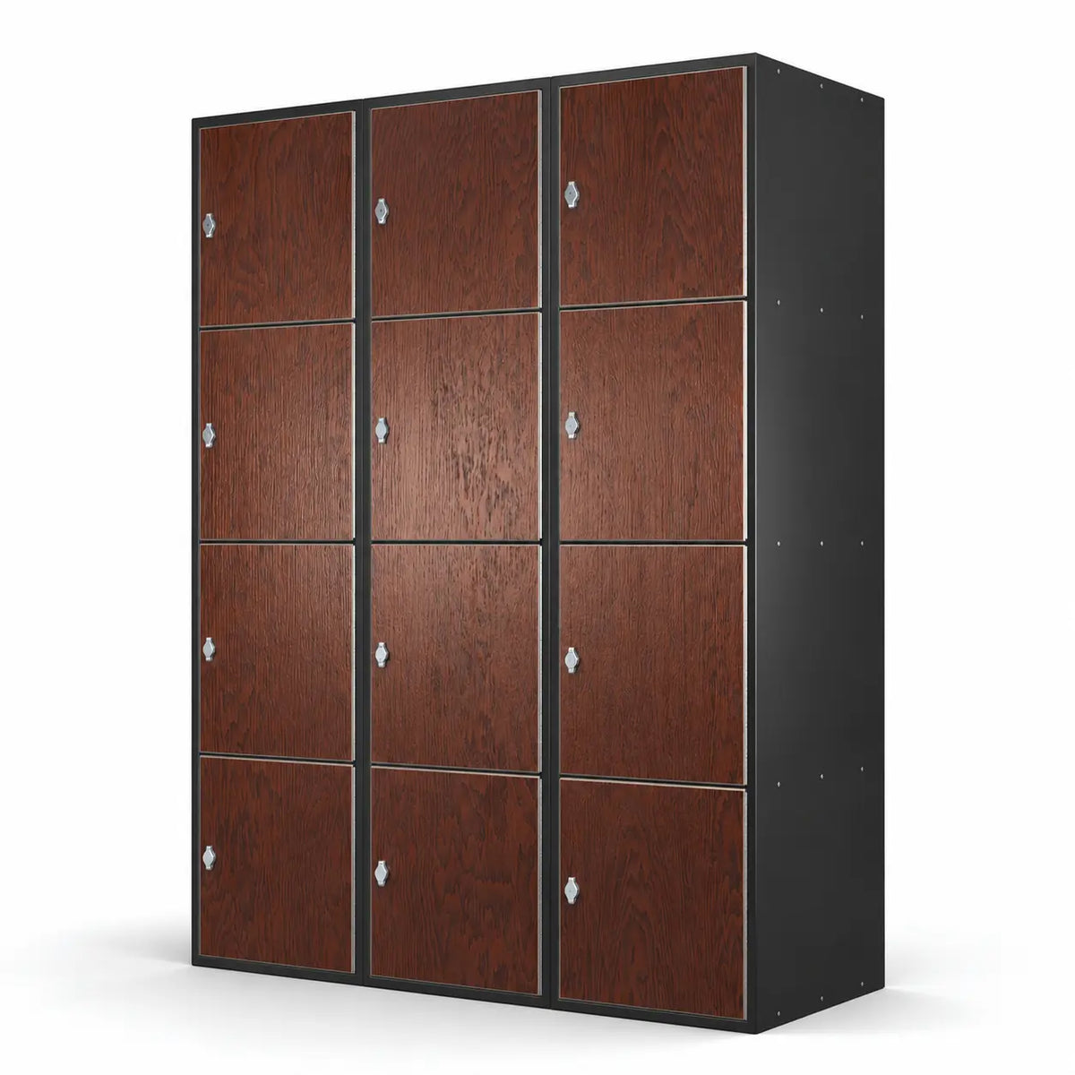 A wooden locker with silver handles and dark frame.