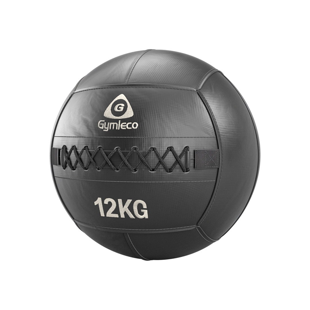 Black medicine ball with 'Gymleco' branding and '12KG' marking on a white background