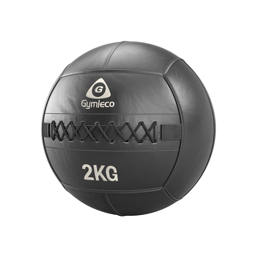 Black medicine ball with 'Gymleco' branding and '2KG' marking on a white background