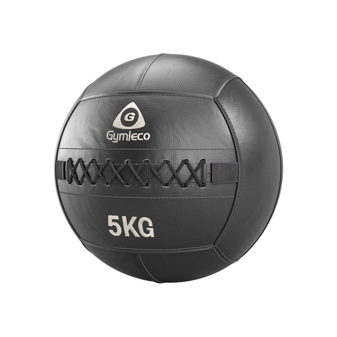 Black medicine ball with 'Gymleco' branding and '5KG' marking on a white background