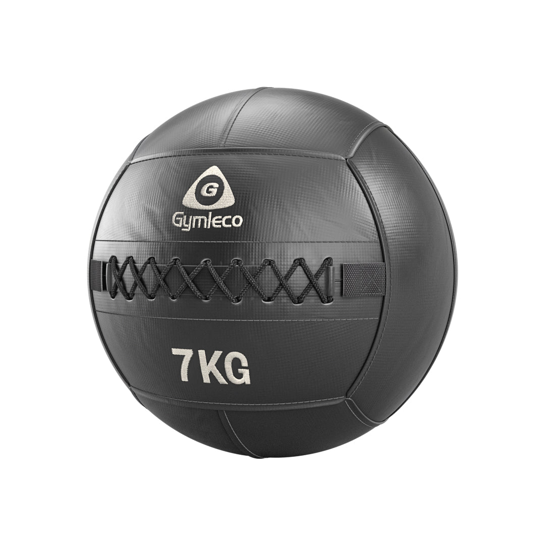 Black medicine ball with 'Gymleco' branding and '7KG' marking on a white background