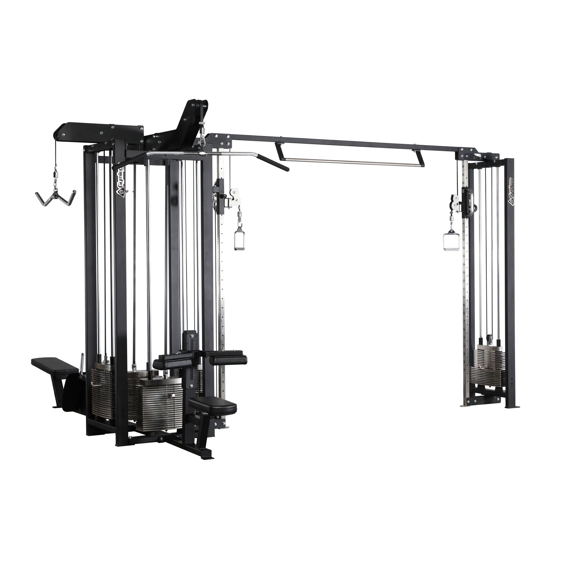 Gym machine with multiple attachments on a white background