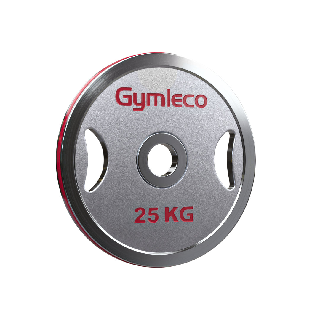 Gymleco weight plate with 25 KG marking on a white background