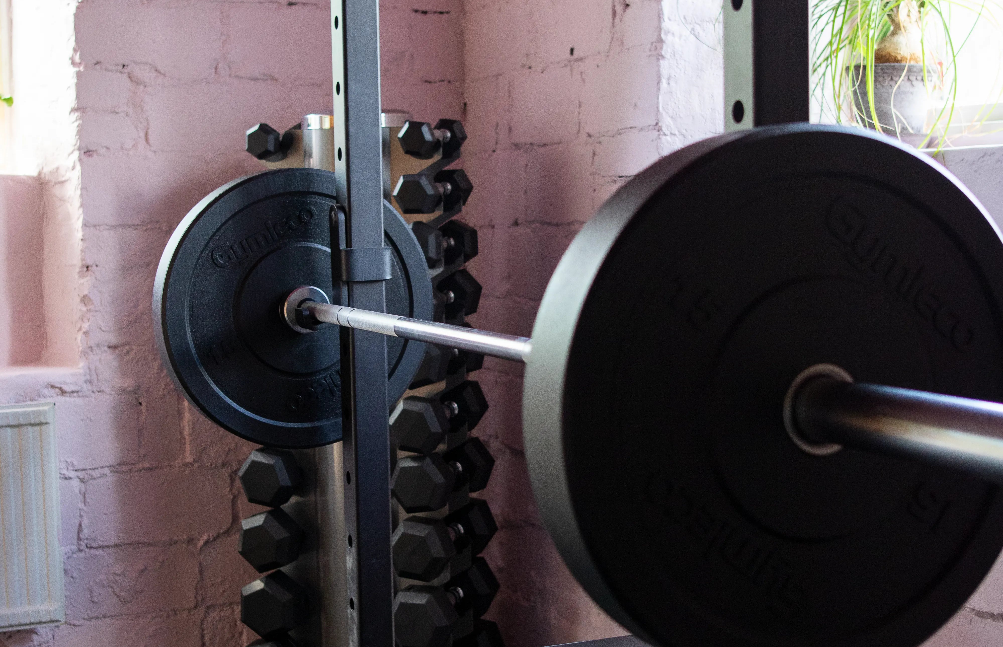Barbell with weights on a rack in a gym setting with pink brick walls.