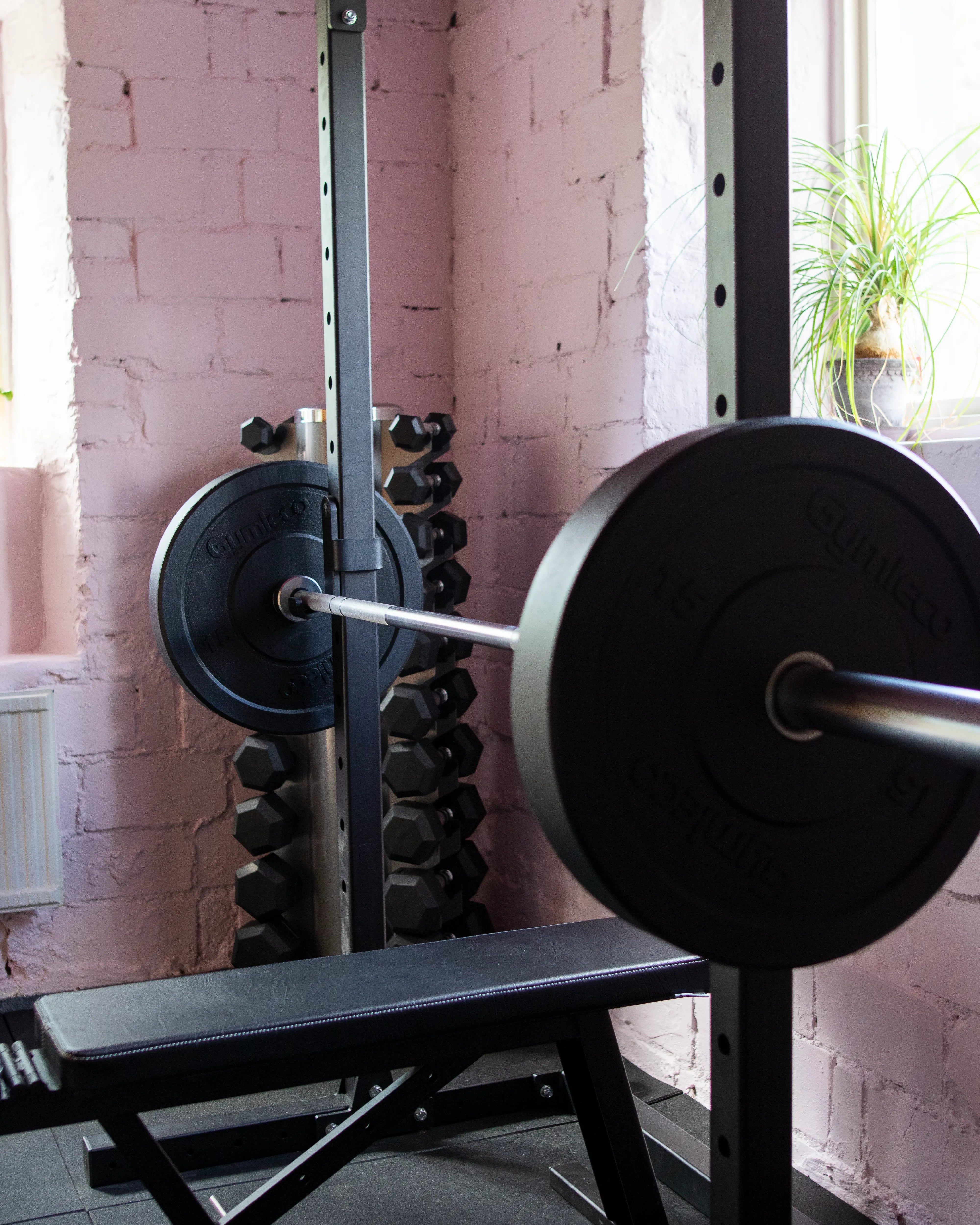 Barbell with weights on a rack in a gym setting with pink brick walls.