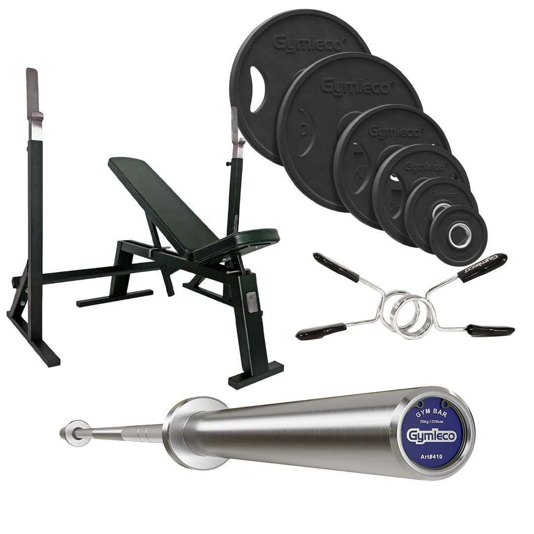 Picture of home gym equipment, including a barbell, bench, rack, black rubber plates and locks. All branded Gymleco