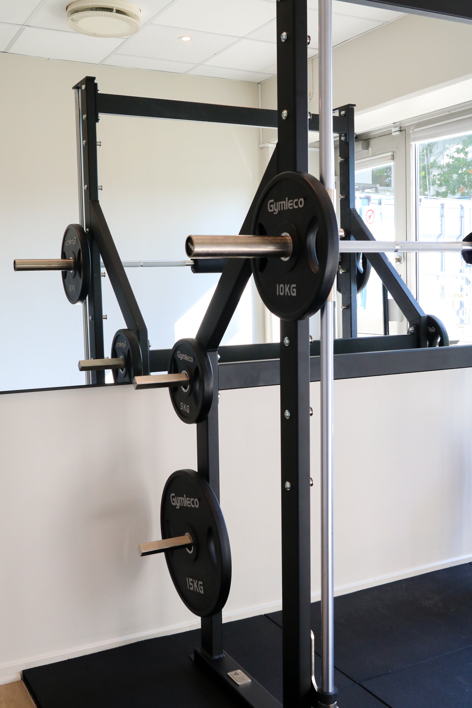 Gymleco gym equipment with weight plates in a fitness center