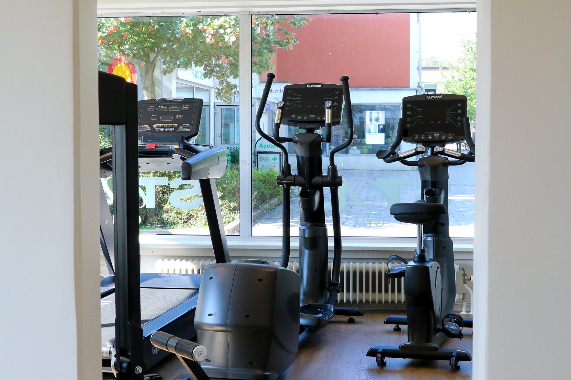 Gymleco gym equipment in a room with a window view of trees and a building.