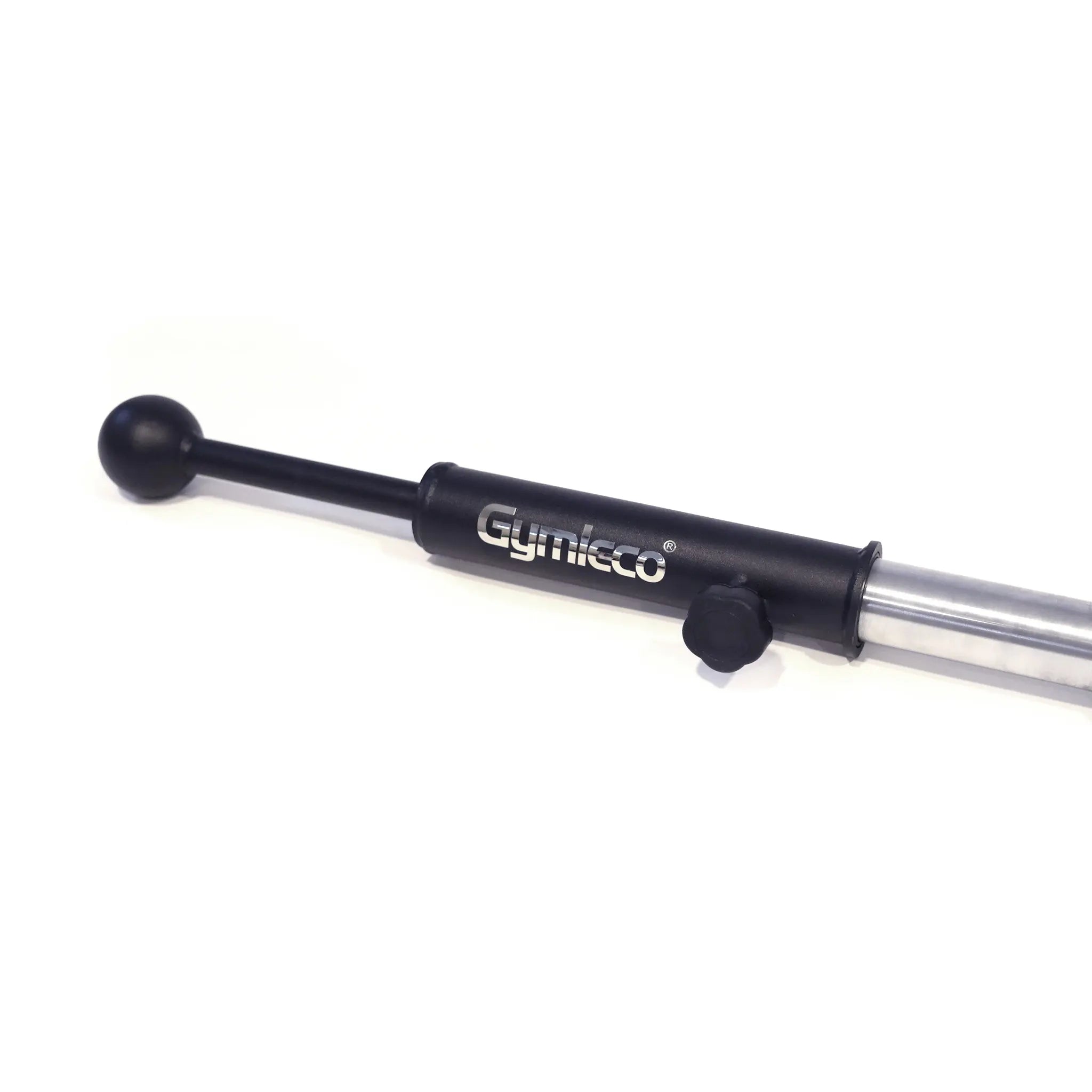 A close-up of a black Gymleco adjustable dumbbell pull-up bar with a silver metal rod extending to the right, set against a plain white background.