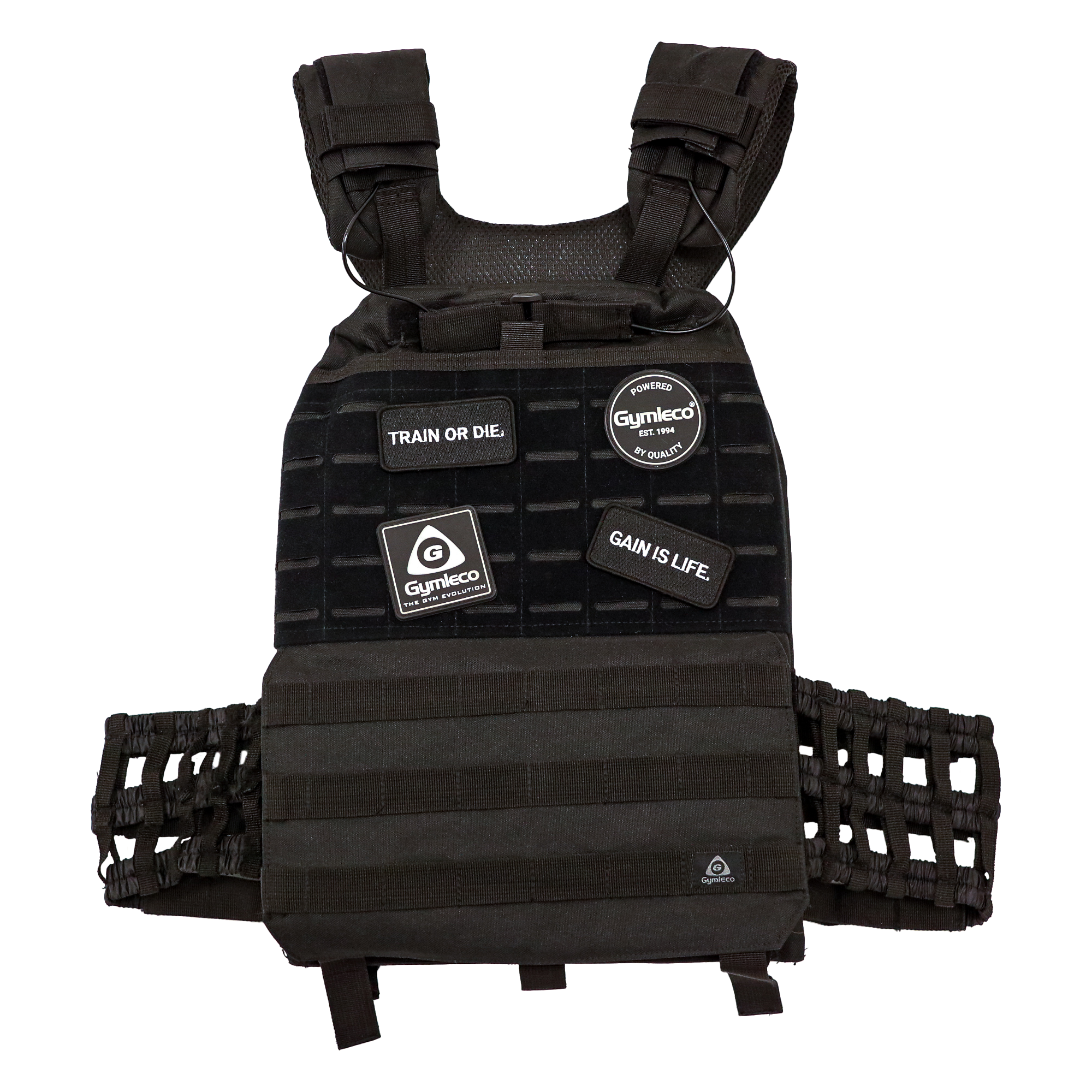 A weight vest with patches on.