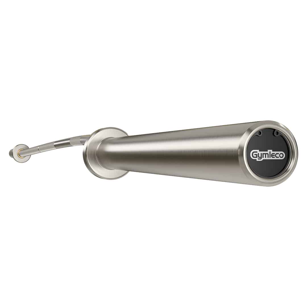 A silver GYMLECO bend barbell with a cambered design, featuring a sleek metallic finish and a black brand label on the side.