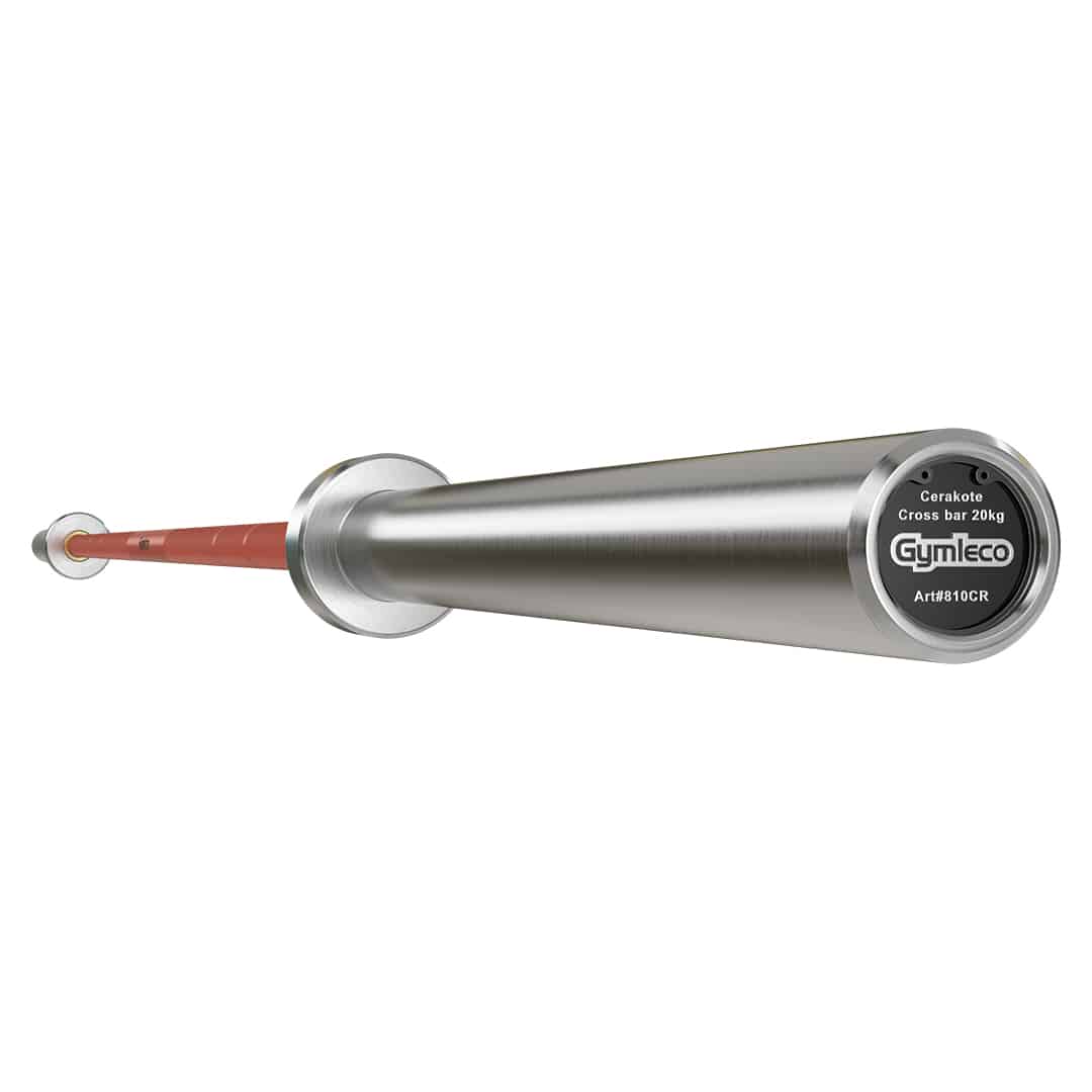 A red and silver Gymleco Cerakote weightlifting bar with a bearing needle and text indicating the 810CR model.