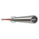 A red and silver Gymleco Cerakote weightlifting bar with a bearing needle and text indicating the 810CR model.
