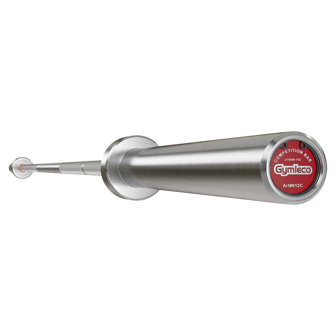 A silver Gymleco competition weightlifting bar for women with a visible logo and branding.