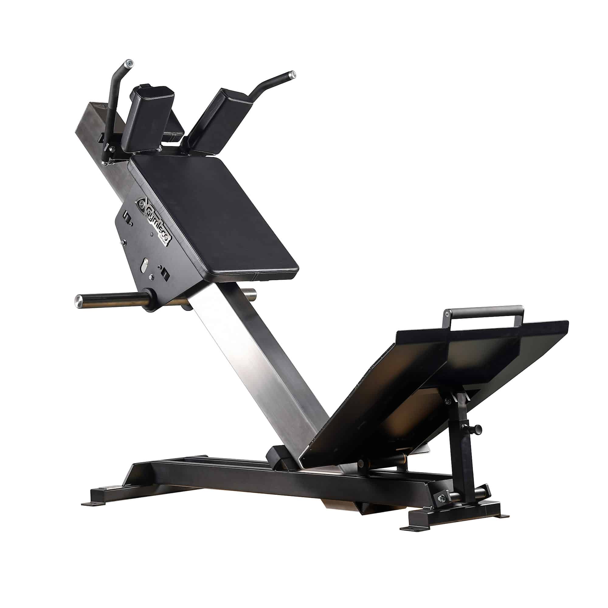 A black Hack Squat machine designed for leg workouts, featuring a stainless steel barbell and a padded support structure.