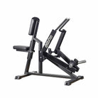 A black Gymleco seated row machine with a padded seat and backrest, and a loading plate for weight training.