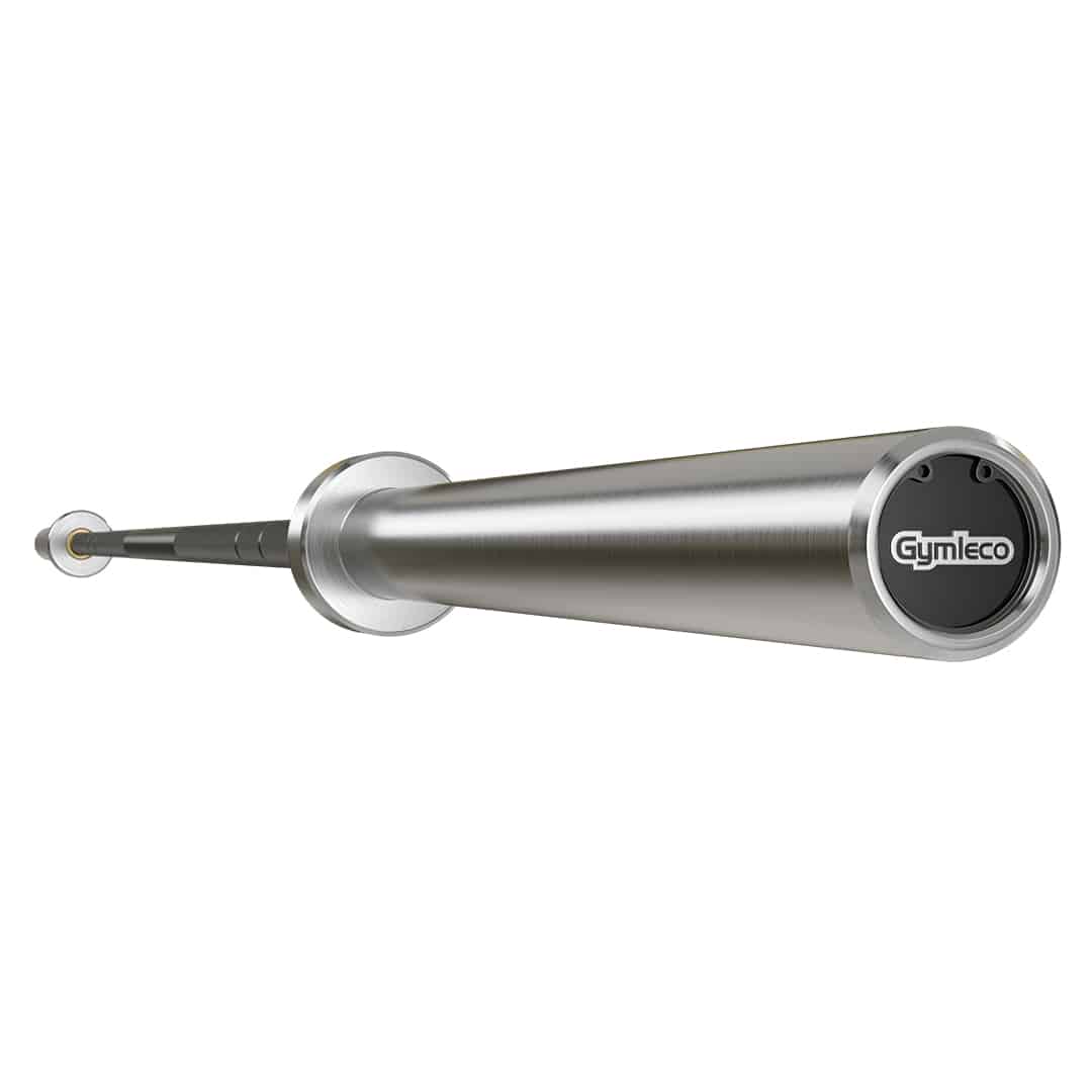 A black chrome weightlifting bar with the brand name 'GYMLECO' displayed on the handle.
