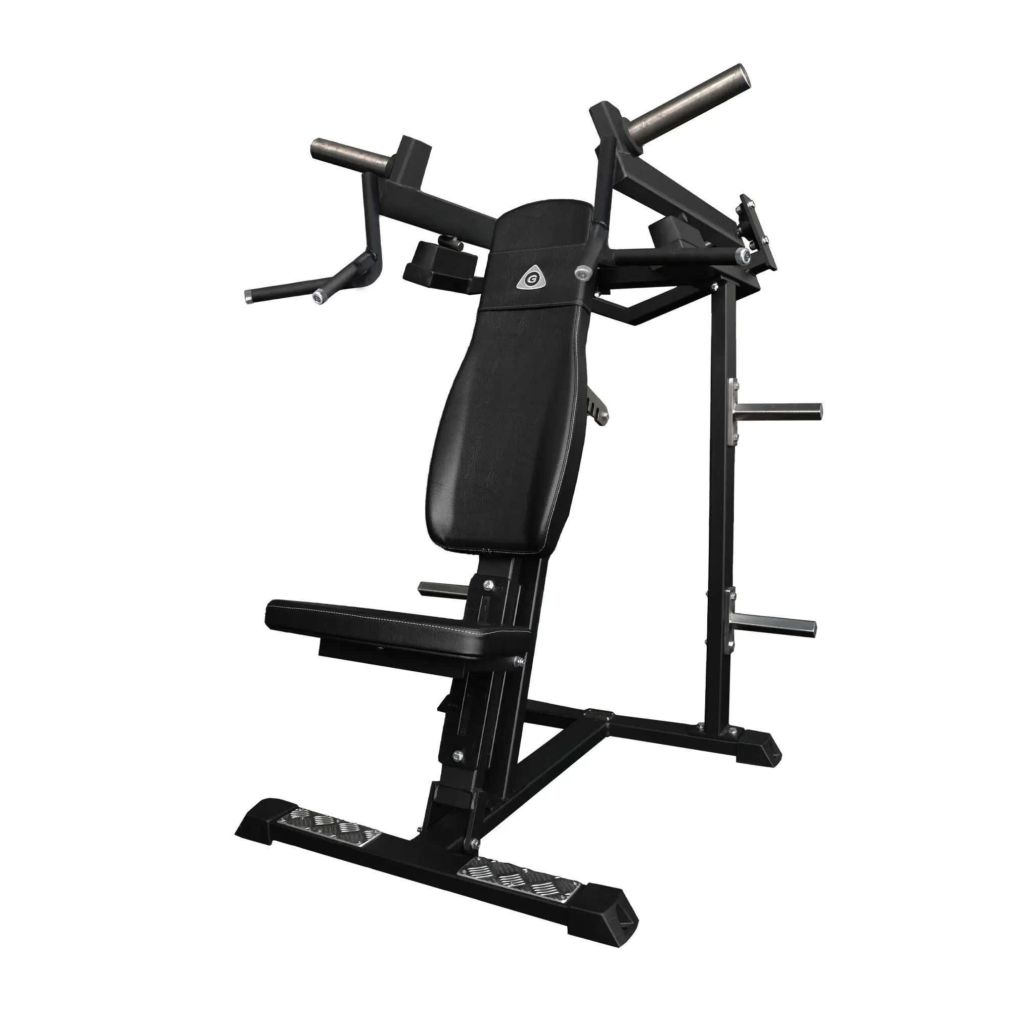 A black adjustable shoulder press machine with a padded backrest and seat, shown on a plain white background.