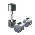 Pair of chrome dumbbells on a white background