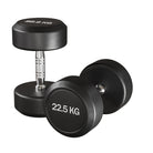 Pair of black dumbbells with '22.5 KG' marking on a white background