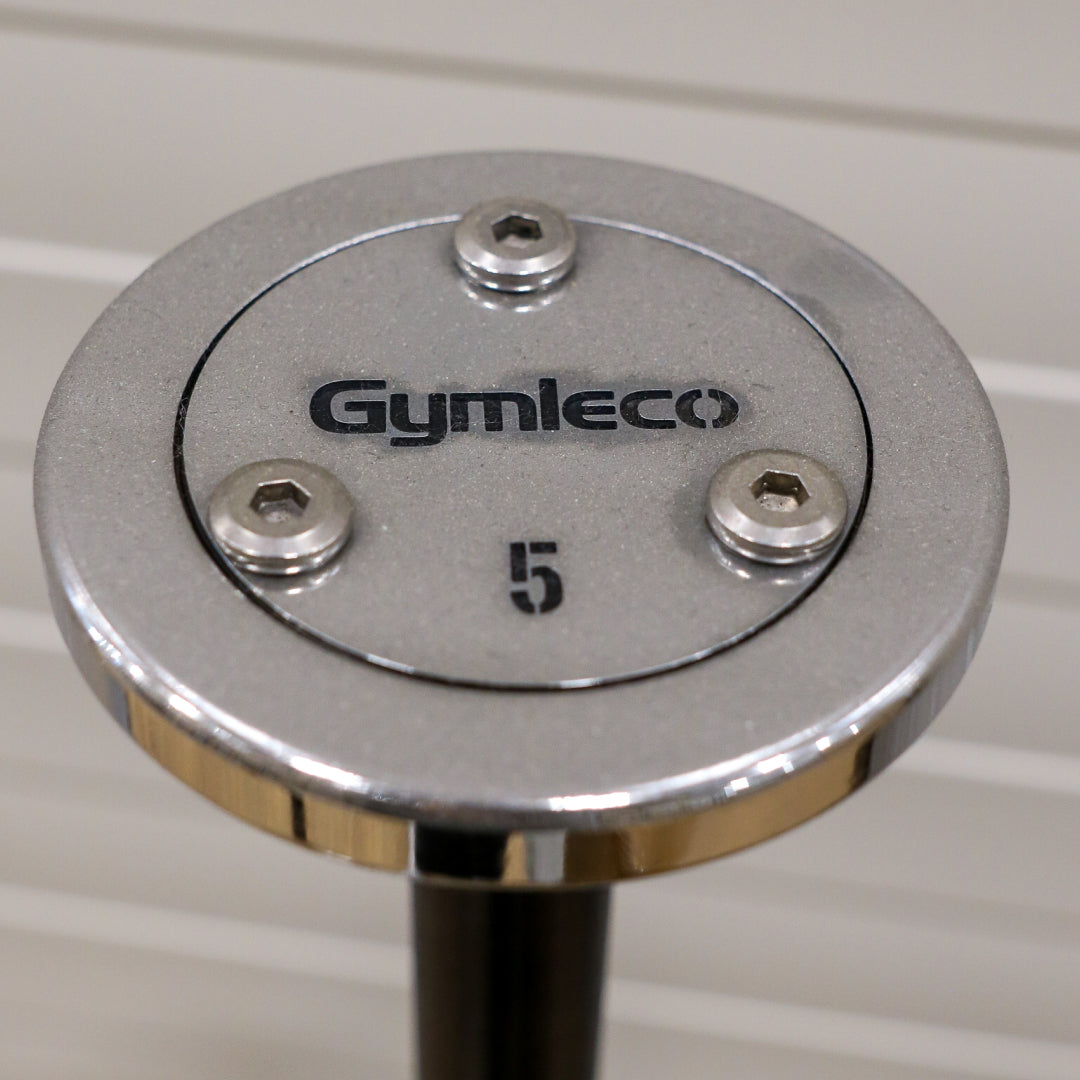 Metallic barbell with 'Gymleco' branding and number '5'