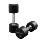 Pair of black dumbbells with 'Gymleco' branding on a white background