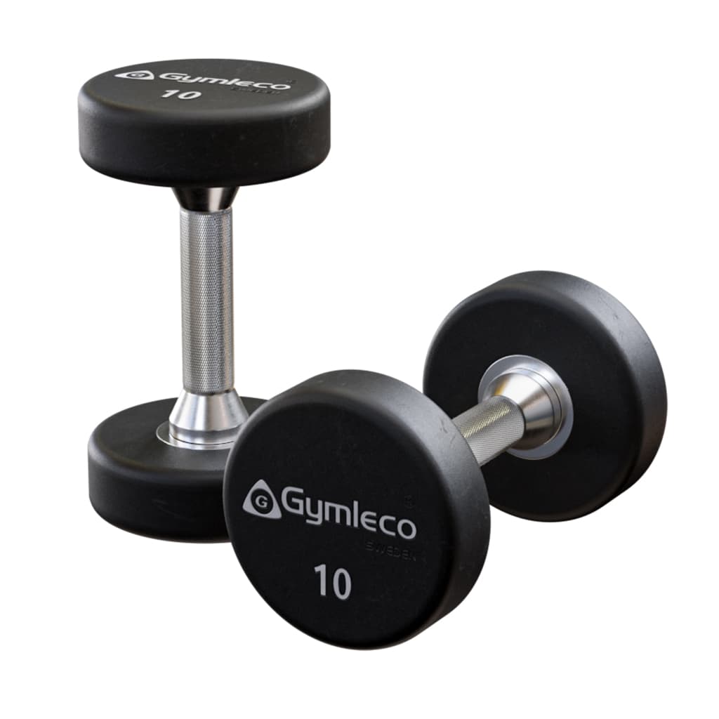 Pair of black dumbbells with 'Gymleco' branding on a white background