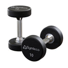 Pair of black dumbbells with 'Gymleco' branding on a white background
