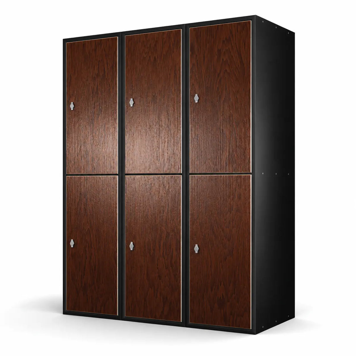 A brown wooden gym locker with six N-shaped doors, featuring metal handles and set against a white background.