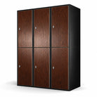A brown wooden gym locker with six N-shaped doors, featuring metal handles and set against a white background.