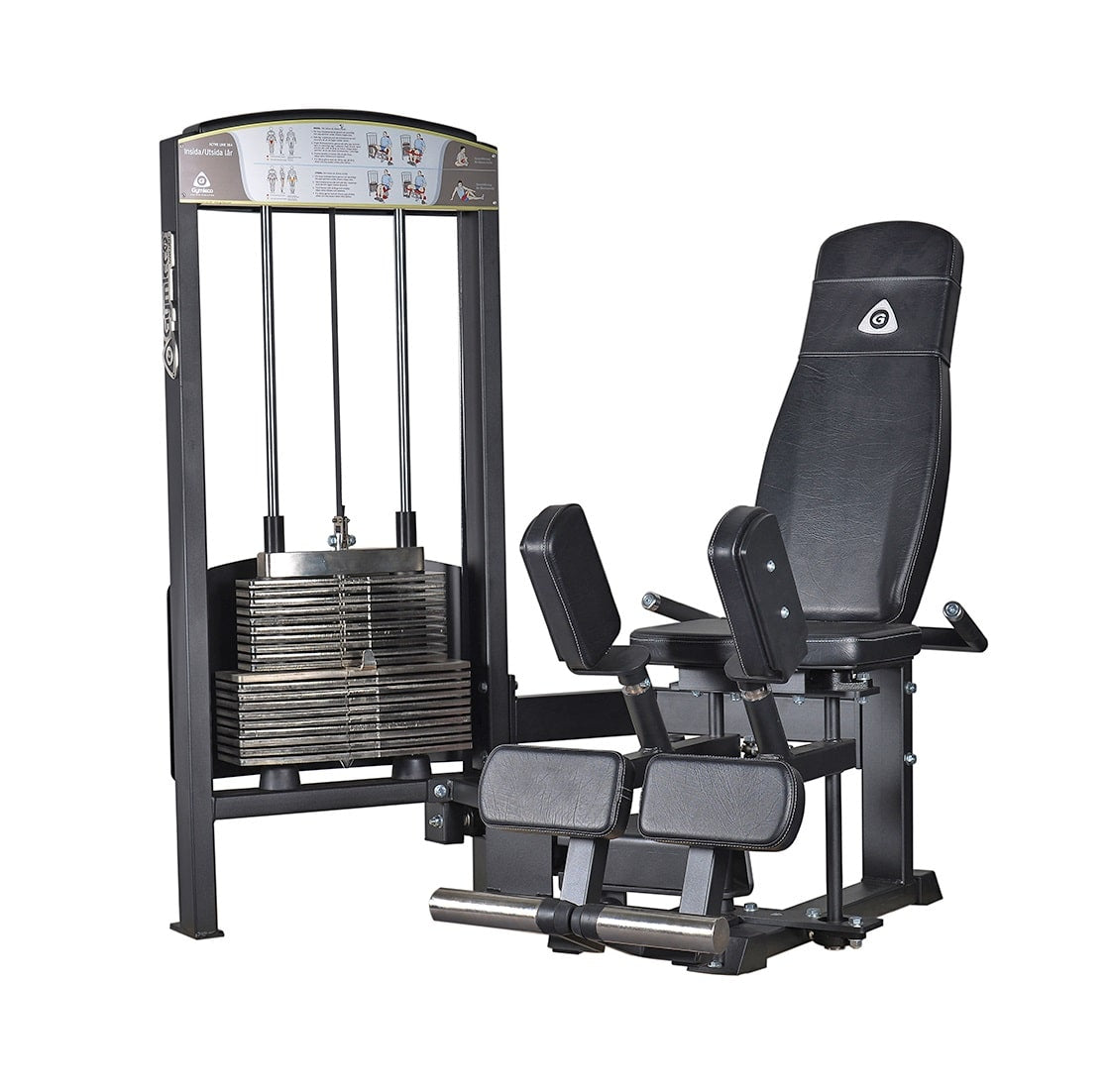 A black and silver adductor/abductor machine in a gym setting, with a seat and a back pad for support during exercise.