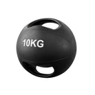 Black medicine ball with '10KG' marking on a white background